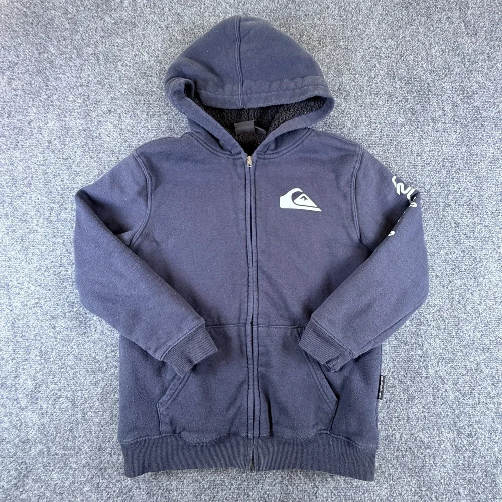 Quicksilver Hoodie Boys M 10/12 Blue Cotton Sherpa Lined Printed Logo Full‎ Zip